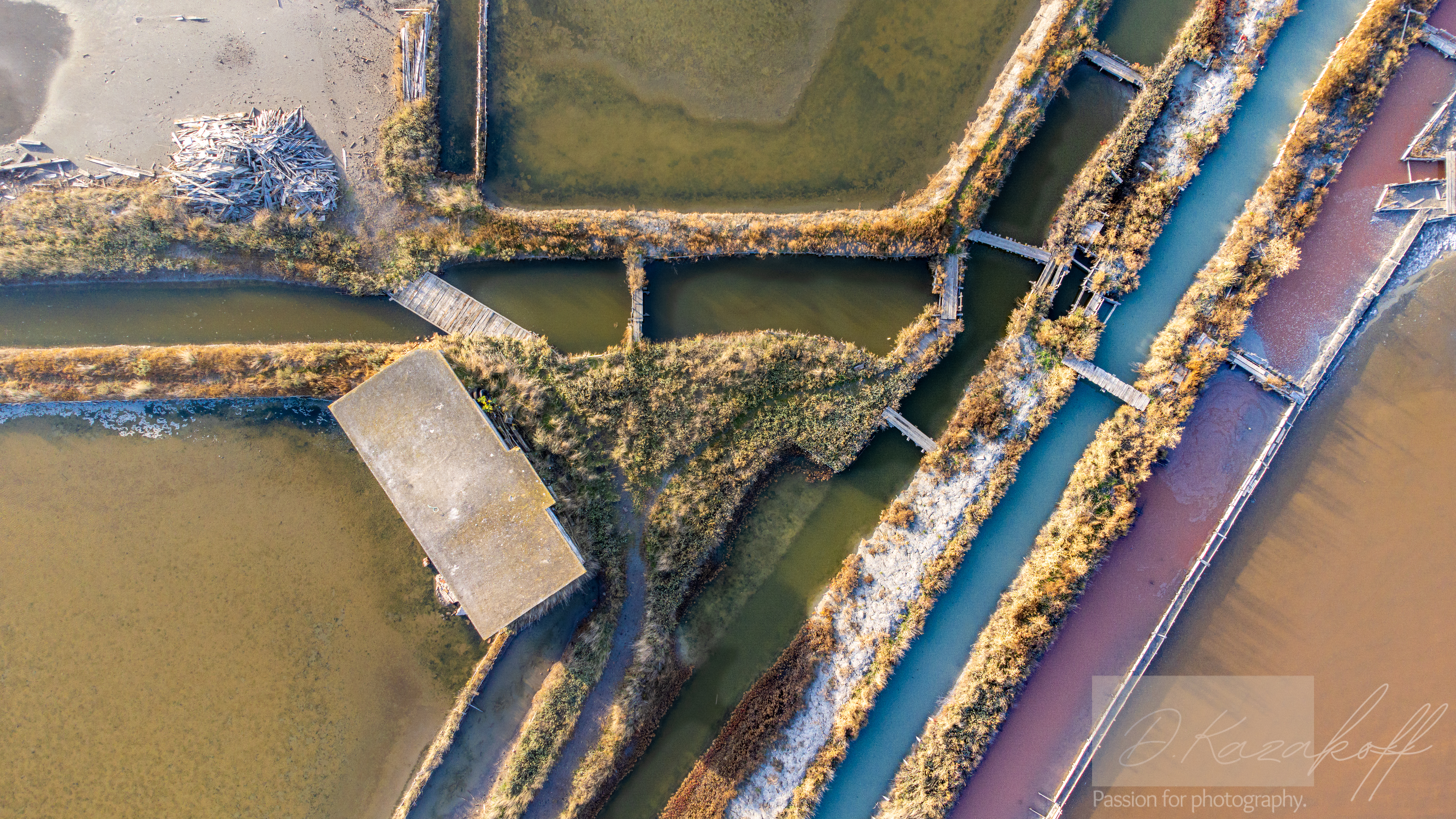 Burgas Saltworks viewed from above during sunset on a sunny Nove